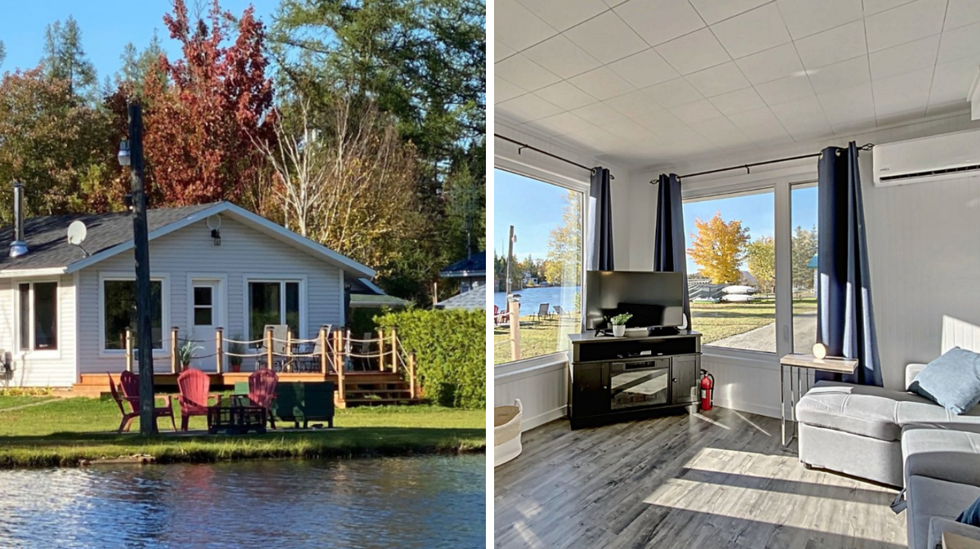 View of the home from the lake. Right: the living room with more lake views.