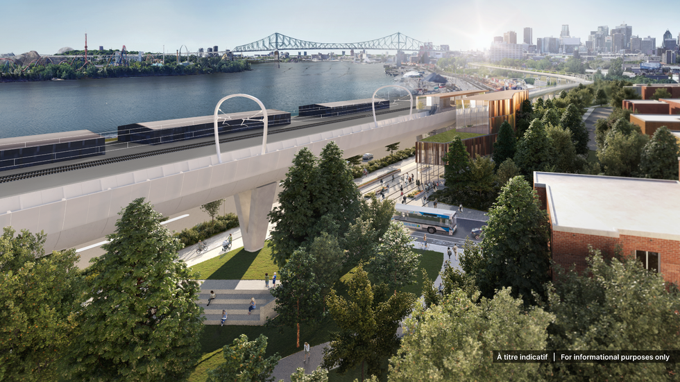View of the Saint Lawrence River and the Jacques Cartier Bridge with the proposed REM de l'Est in the foreground.