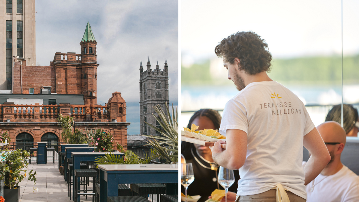 Views from Terrasse Place d'Armes. Right: A server attends to customers at Terrasse Nelligan.