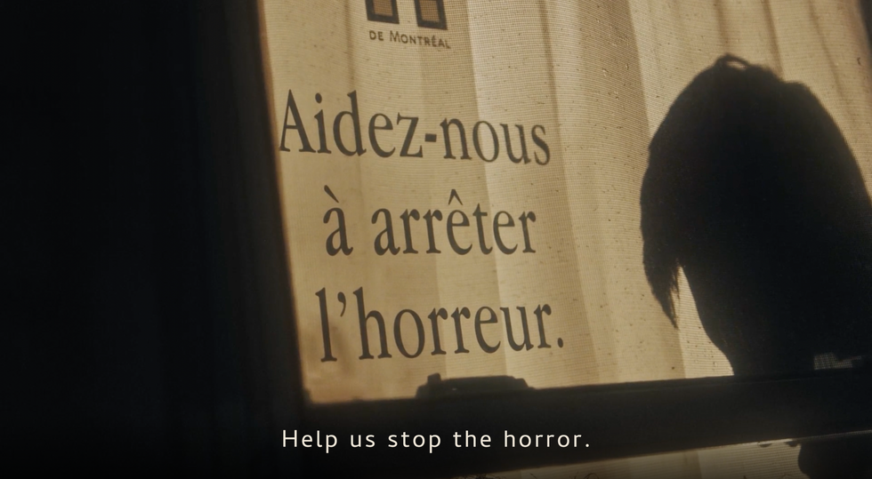 Vignette showing a domestic violence scene in the window of a Montreal home. The vignette includes the message, "aidez-nous \u00e0 arr\u00eater l'horreur" \u2014 "help us stop the horror."