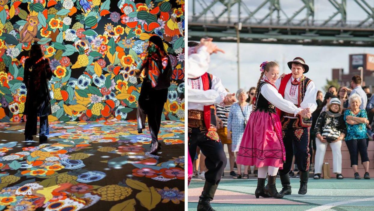Visitors at the Frida Kahlo: The Life of an Icon immersive exhibition. Right: dancers at Polski Piknik 2019.