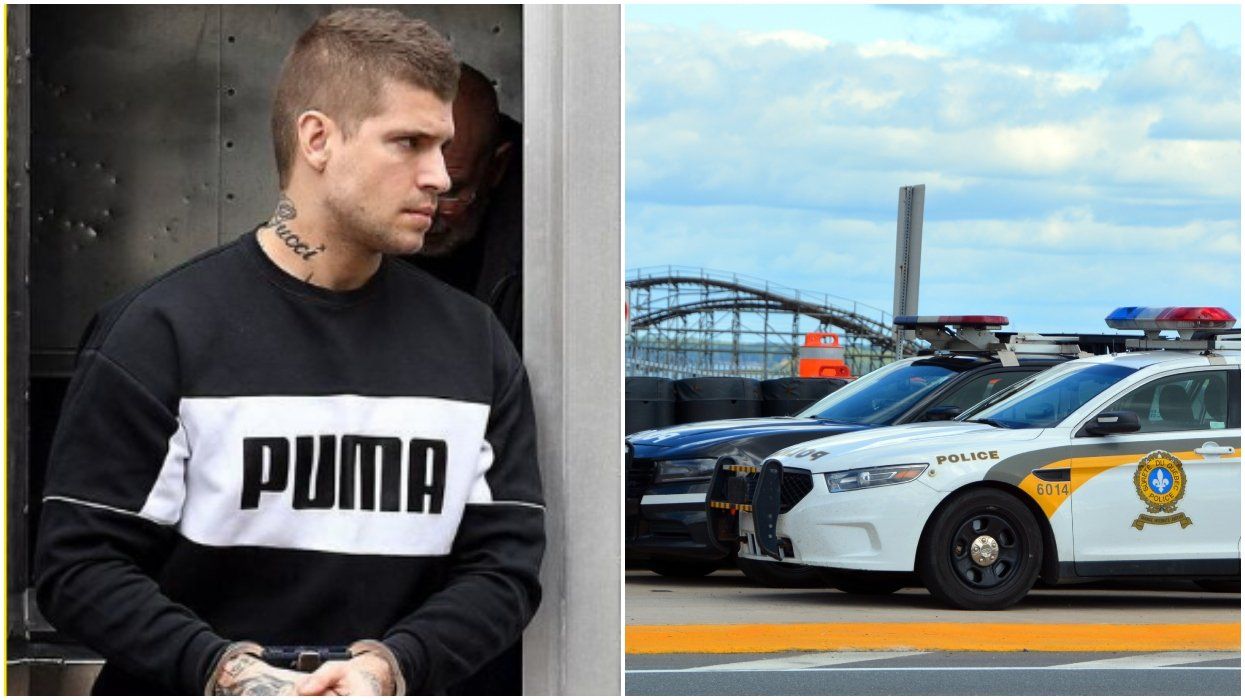 Wanted fugitive All Boivin. Right: Police cars in Quebec.