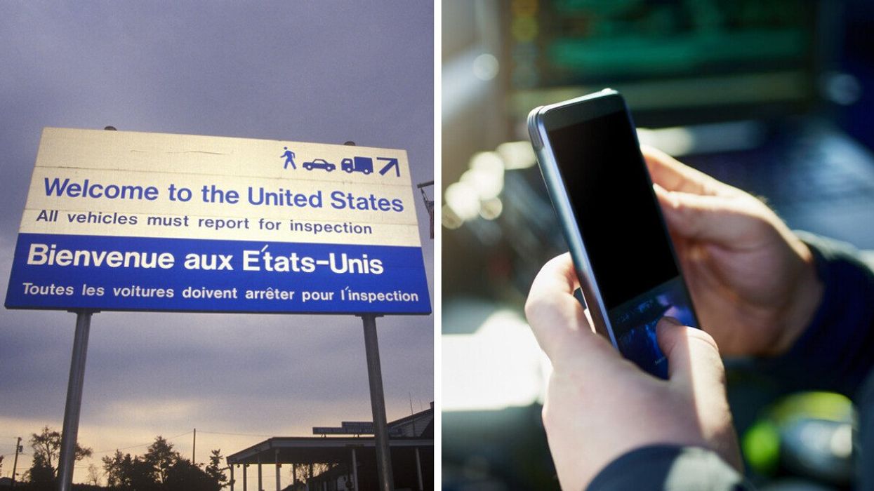 Welcome to United States sign in Richford VT. Right: A smartphone being used inside a car.