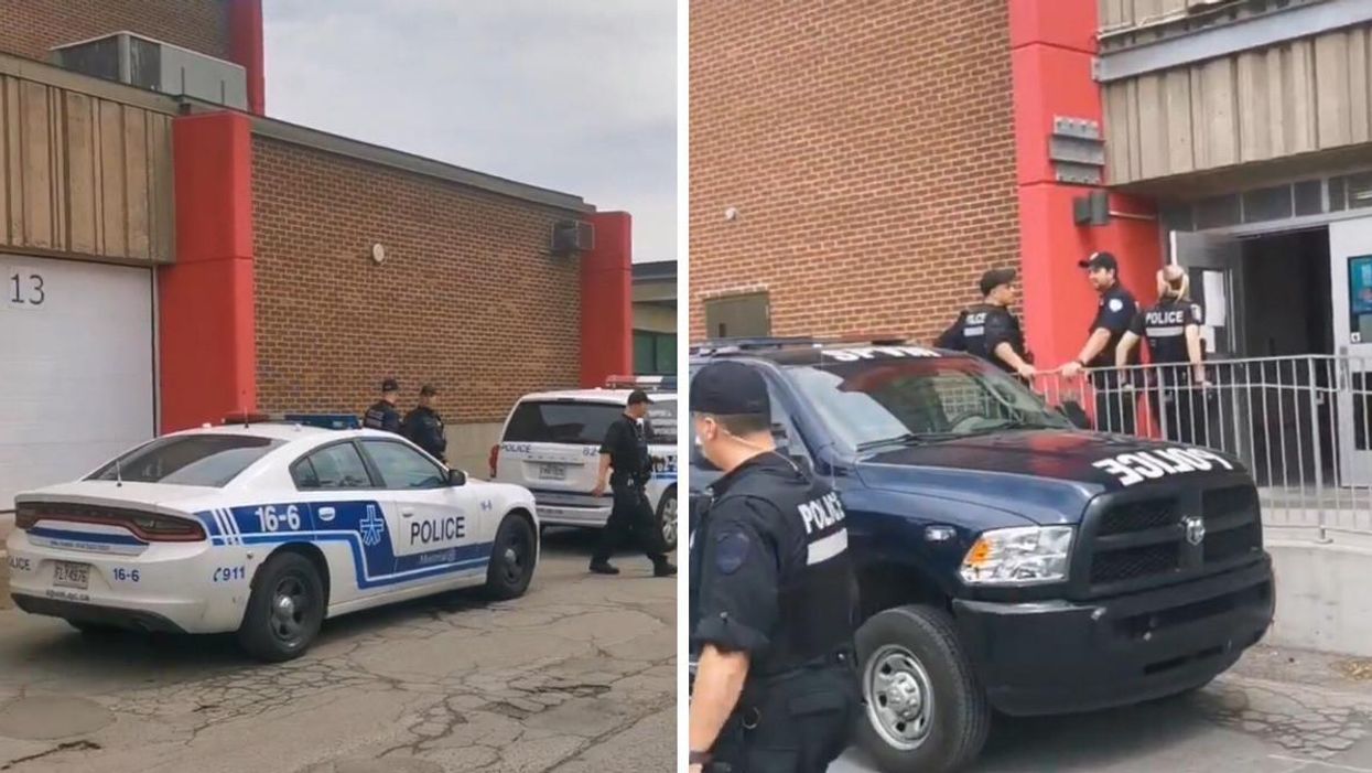 White Montreal police cars parked near a brick building. Right: A black police van is parked outside an open door to Monseigneur-Richard High School, while officers stand outside.