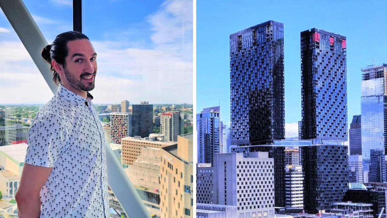Will stands on the Maestria walkway overlooking downtown Montreal. Right: The skybridge between the two towers.