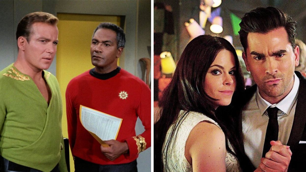 William Shatner and Percy Rodriguez in "Star Trek." Right: Emily Hampshire and Dan Levy in "Schitt's Creek."