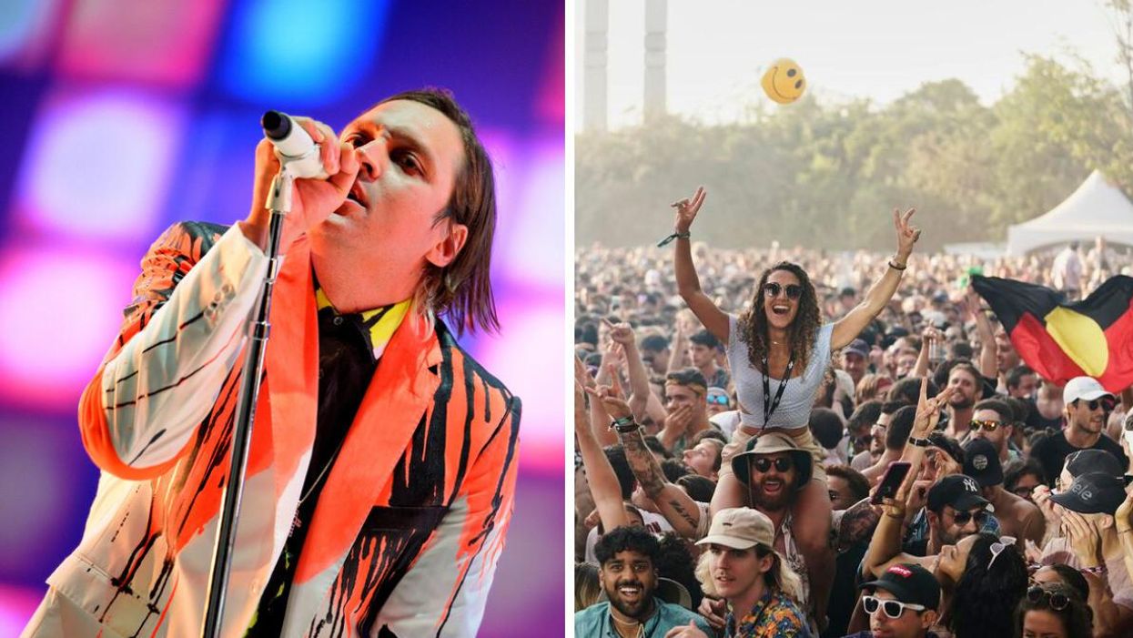 Win Butler of Arcade Fire singing into a mic wearing an orange suit. Right: A crowd of Osheaga attendees.