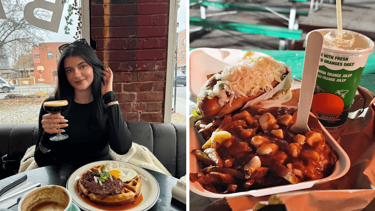 Woman at a restaurant with a plated meal and cocktail. Right: Poutine, a loaded hot dog and an orange drink.