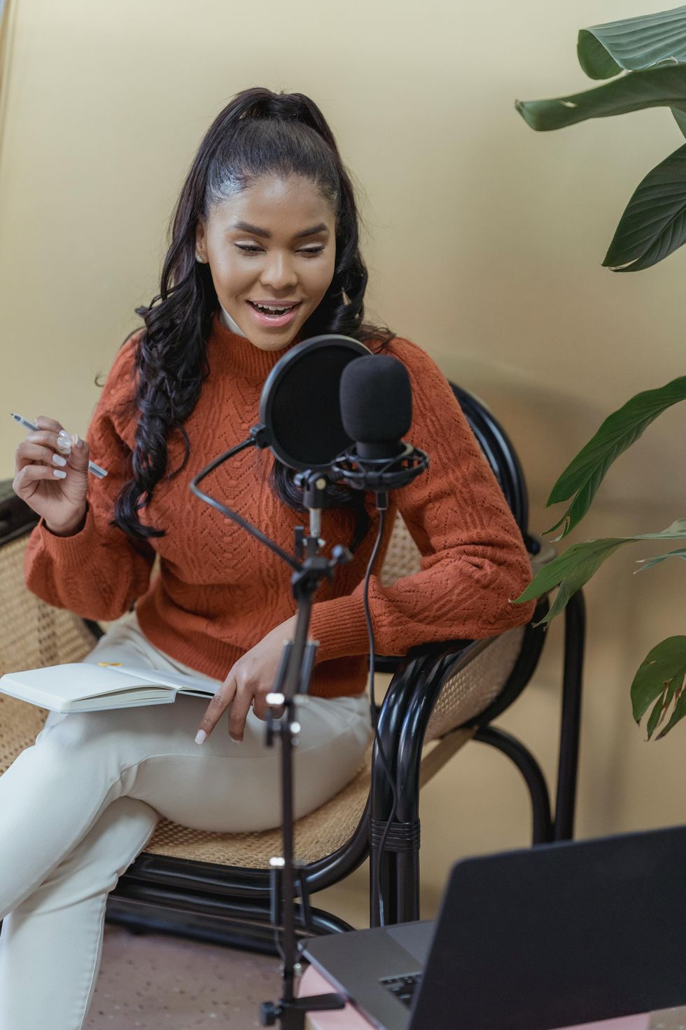 Woman recording audio program