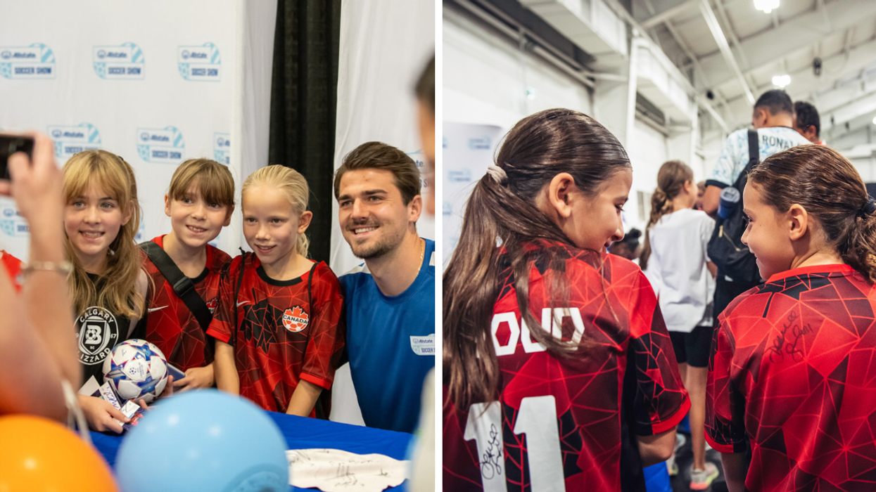 Young soccer plans pose for a photo with a player. Right: Two young soccer fans show off their jerseys.