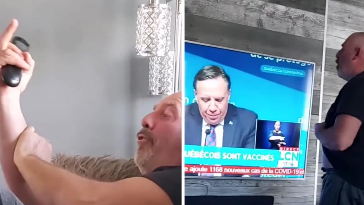 Yves Beaulieu flipping off Legault on screen. Right, The candidate in front of a TV lifting up his shirt while yelling obscenities.