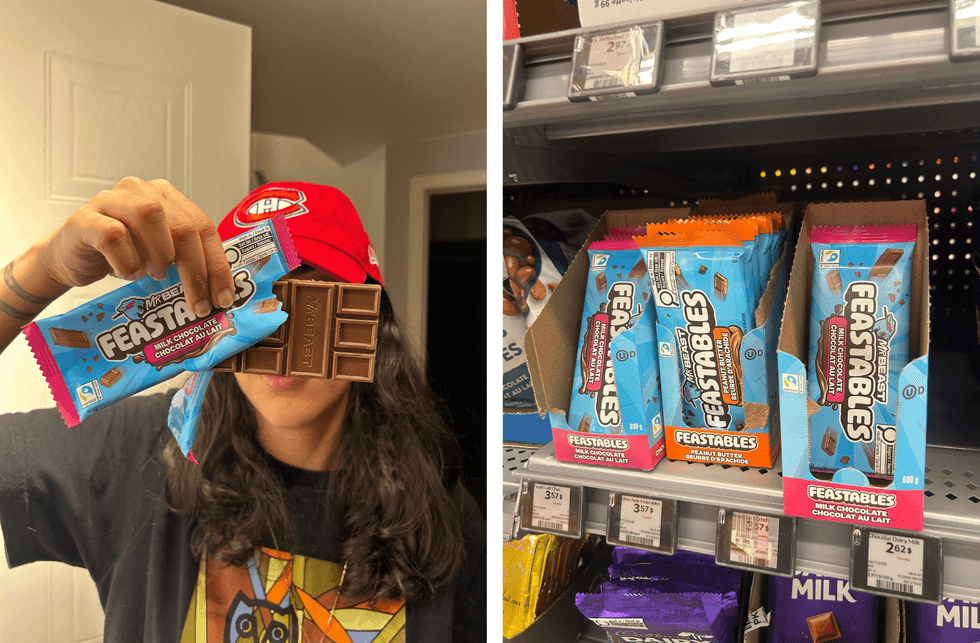 Zeinab holds a bar of Mr Beast Feastables. Right: Mr Beast Feastables on a store shelf.