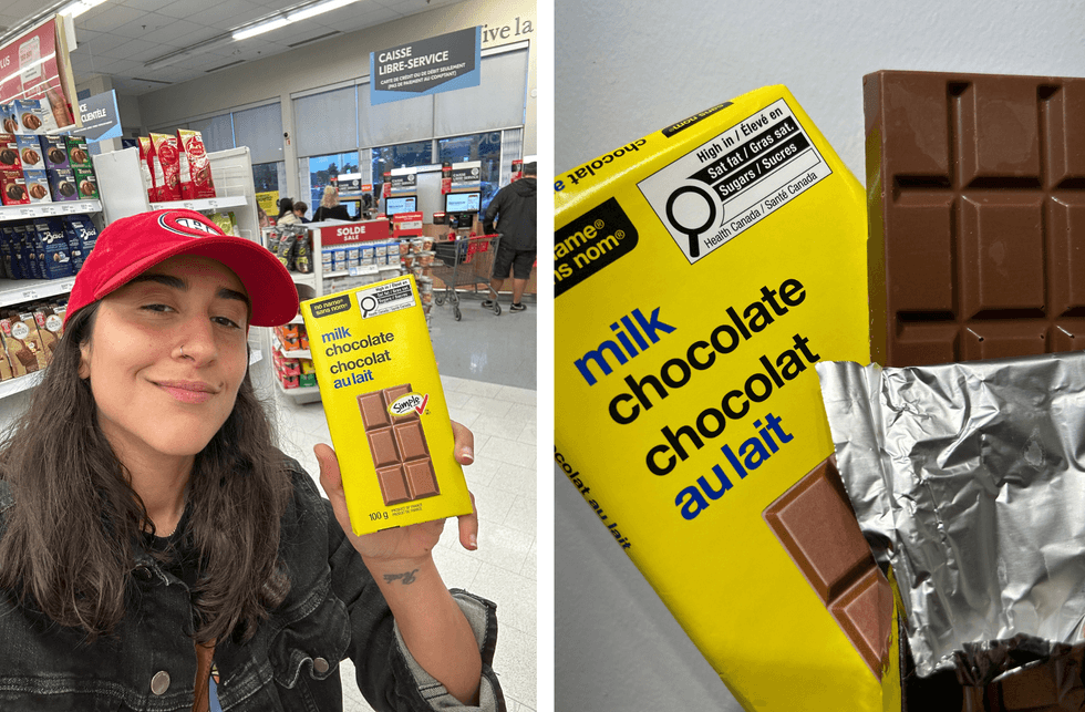 Zeinab holds a bar of no name chocolate. Right: A close-up shot of no name chocolate.