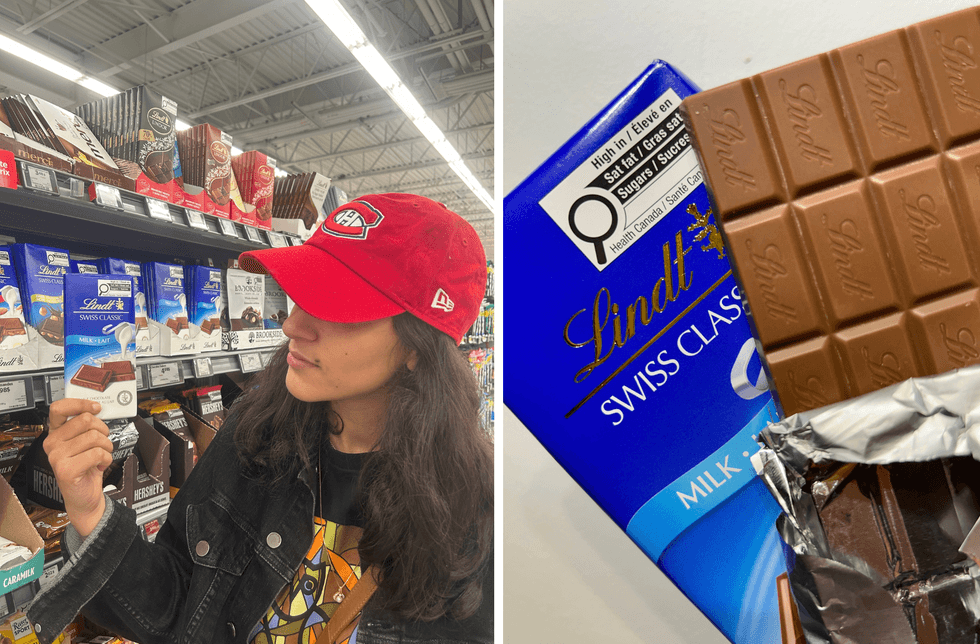 Zeinab selects a Lindt bar from the grocery store. Right: A Lindt bar.